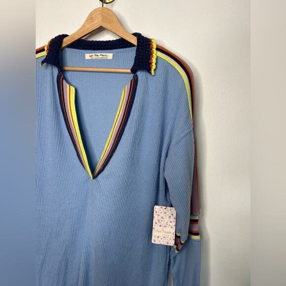 Free People We The Free Blue Ribbed Thermal Tunic - Picture 3 of 5